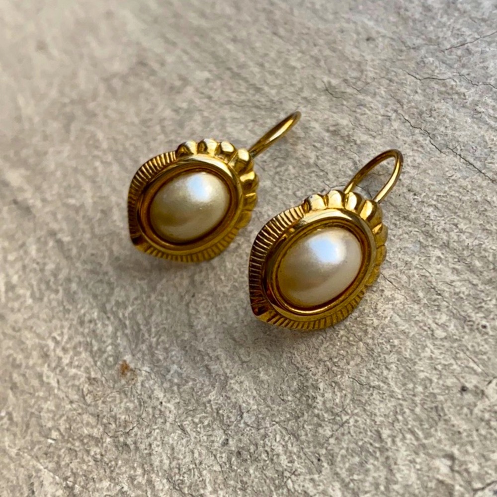 Gold Tone Fashion Drop Earrings with Faux Pearls, Vintage